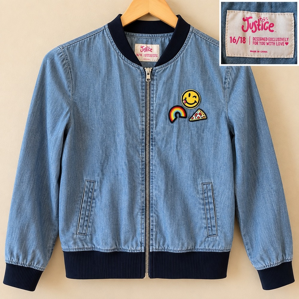 JUSTICE Sz 16/18 Jacket Denim Bomber Emoji Patches Coat Lyocell School Layering